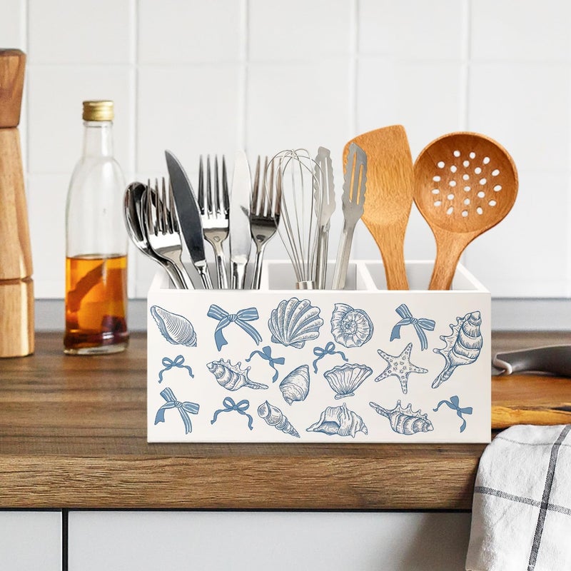 KBRCT Coquette Blue Seashell Coastal Beach Wooden Utensils Holder, Preppy Nautical Beachy Sea Shell Wood Cooking Utensil Holder Organizer for Kitchen Countertop Counter Decor Accessories - Image 5